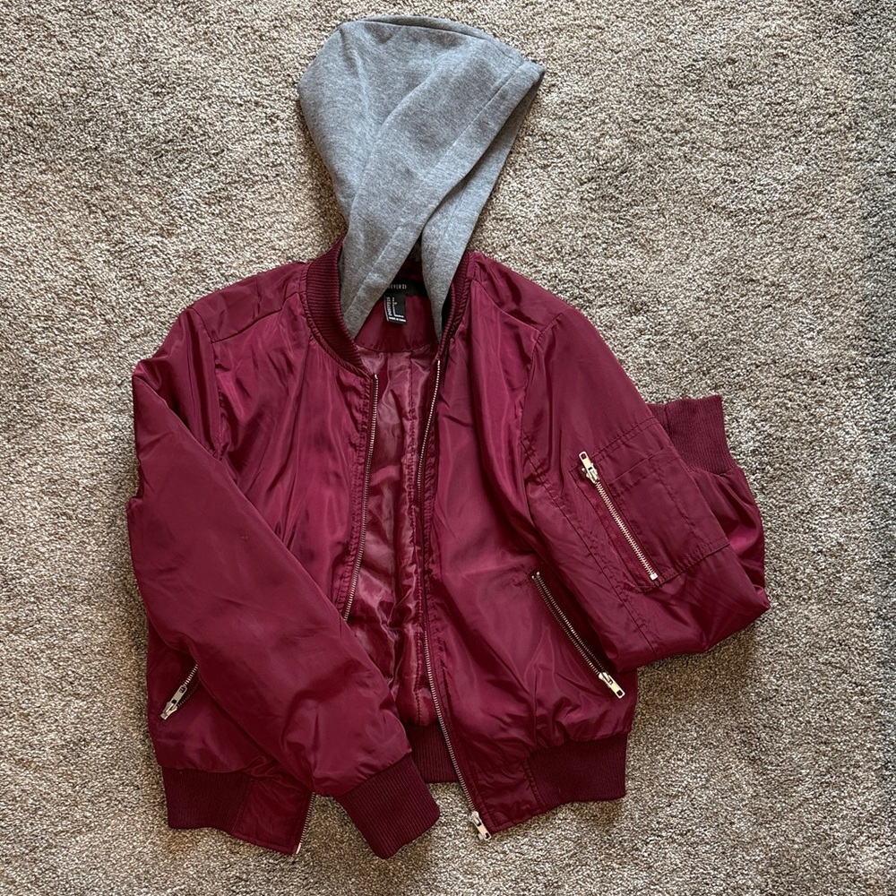 Stylish Burgundy Jacket with Gray Hood